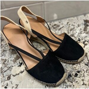 Lane Bryant Espadrille Wedge‎ Sandals Ankle Strap Black Beige Size 10W